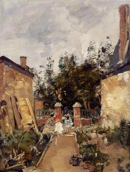 Eugene Boudin : Madame S with Her Children in Their Garden at Trouville